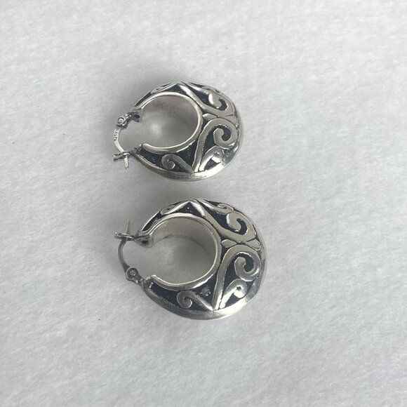 Sterling Silver 925 1" Scrollwork Bali Style Chunky Hoop Earrings Hinged Post - Picture 6 of 16